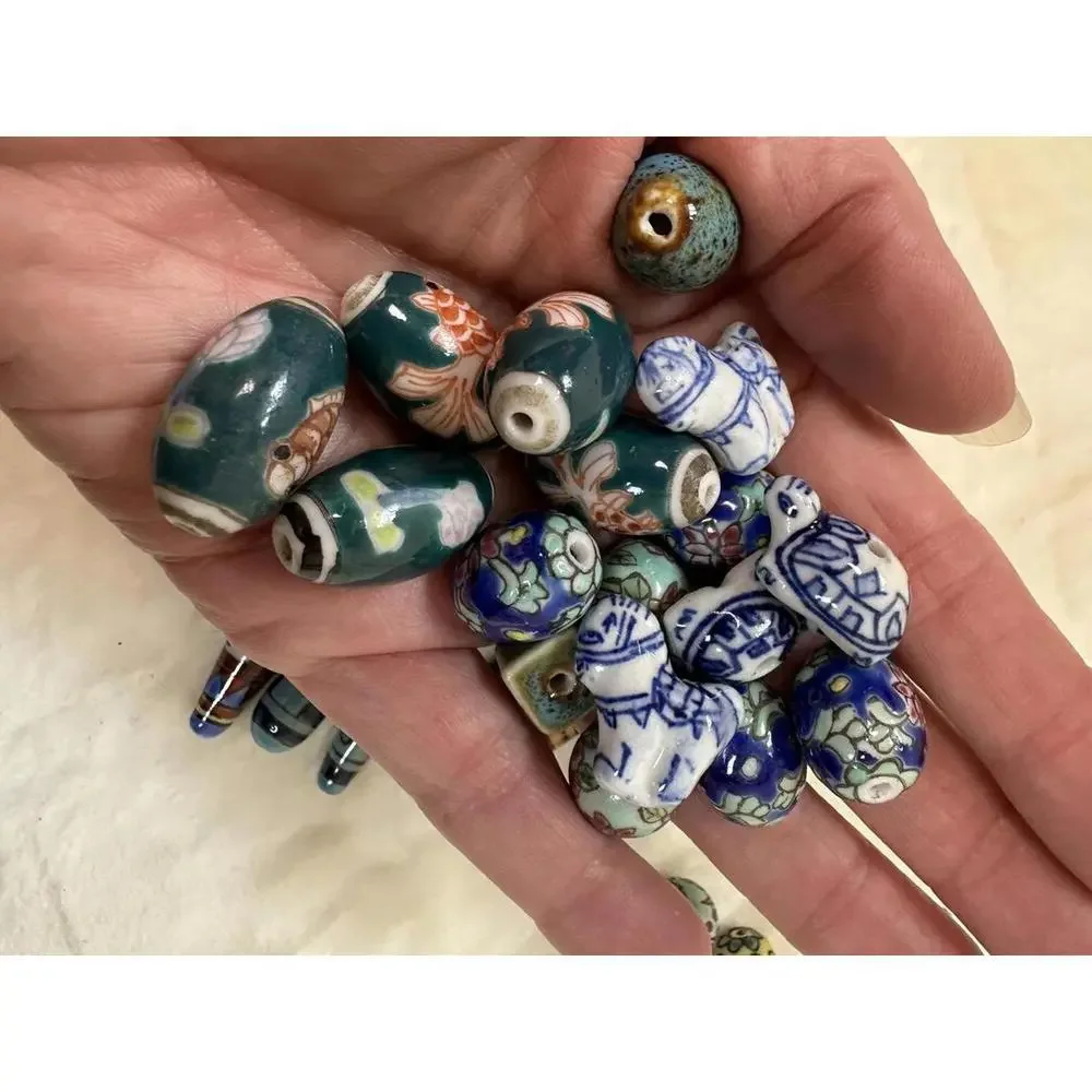 50 Ceramic Decorative Mix Beads Glossy Assorted Colors Sizes and Designs